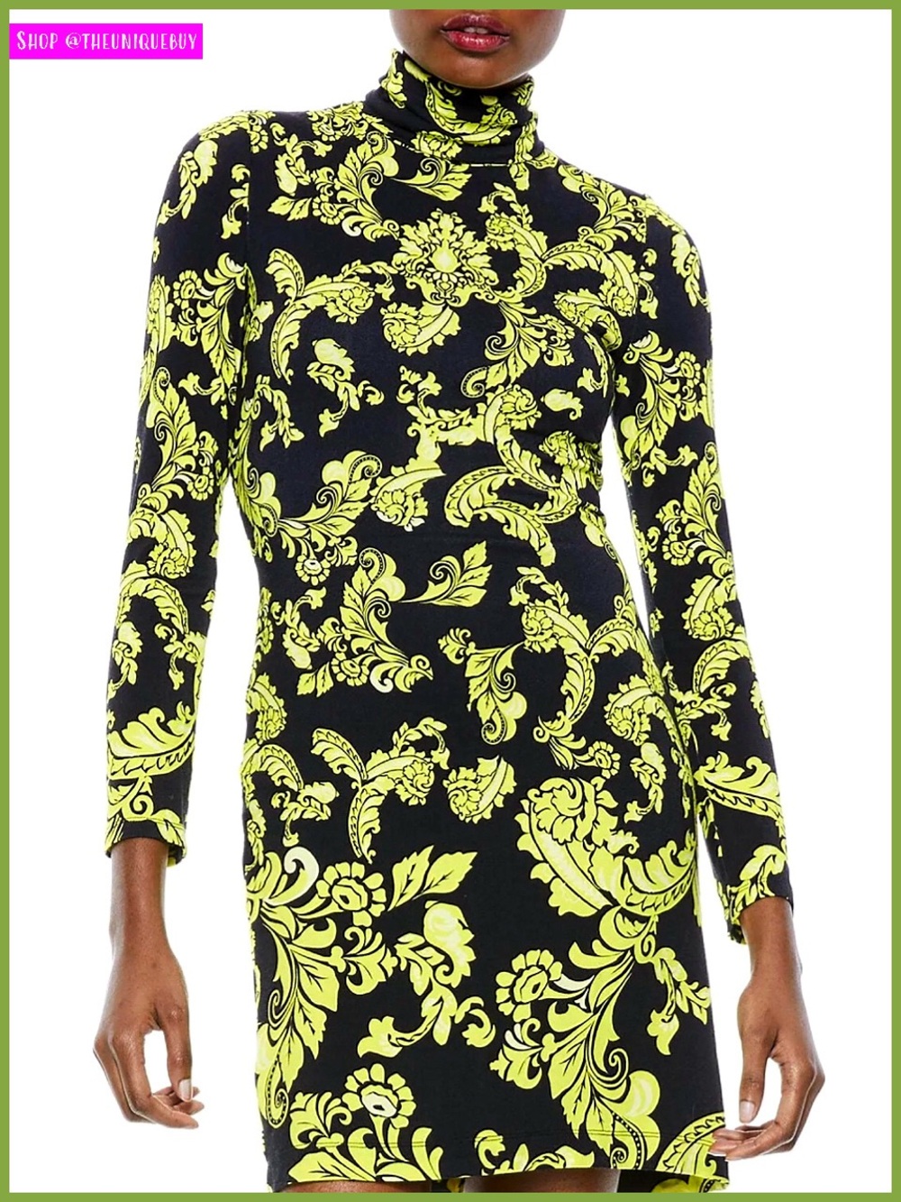 Alice + Olivia Delora Turtleneck Floral Black Lime Punch Mini Dress